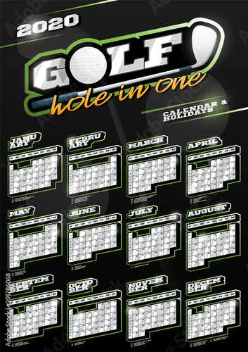 Golf sport wall vertical calendar for 2020. One page Retro style calendar template with holidays and sport equipment. Black background.
