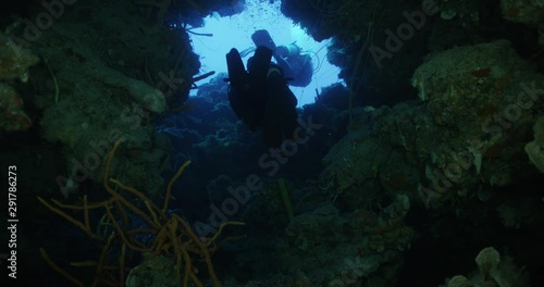 Slow motion, scuba divers swim through reef