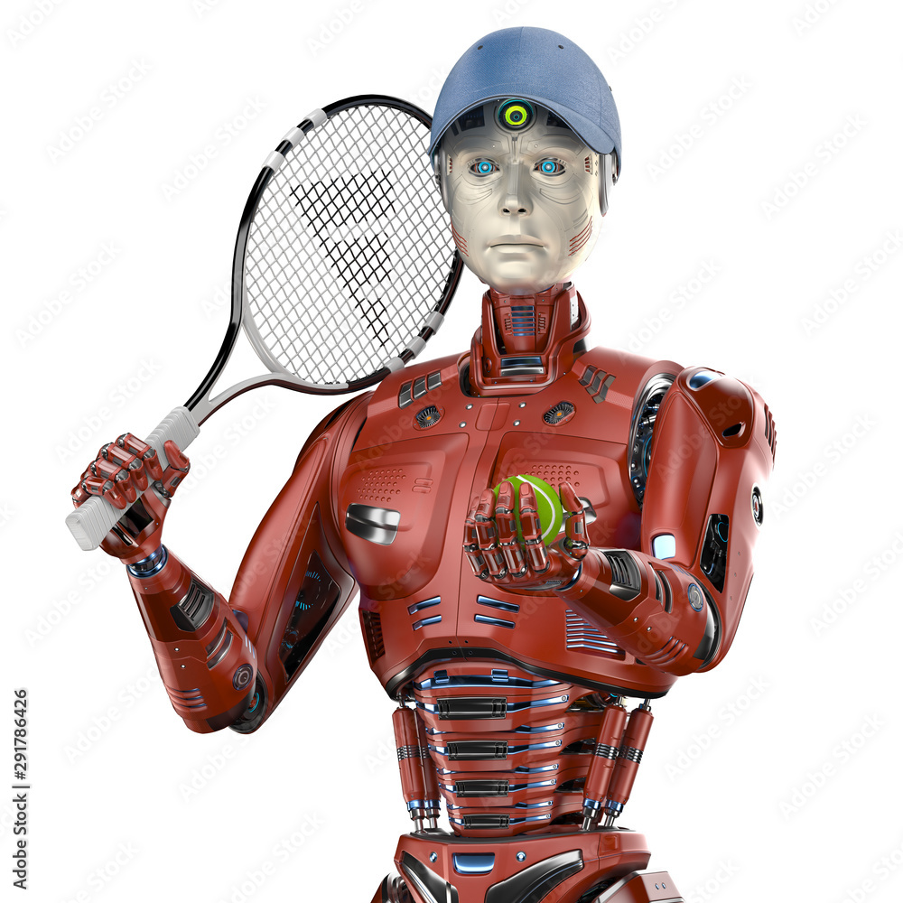 Robot tennis player or android cyborg a racket and tennis ball looking at the camera. Upper body isolated white background. 3d render ilustración de Stock | Adobe Stock
