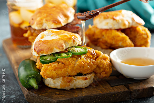 Breakfast biscuit sandwiches with fried chicken, traditional southern food photo