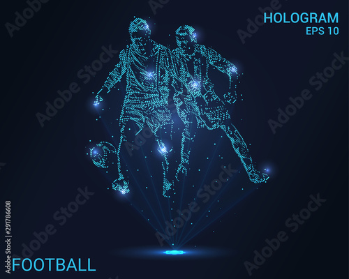 Hologram football. Holographic projection of soccer. Flickering energy flux of particles. Scientific registration of sports.