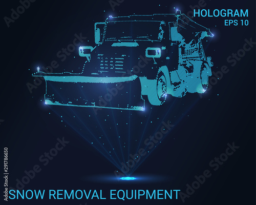 Hologram snowblower. Holographic projection snow removal equipment. Flickering energy flux of particles.
