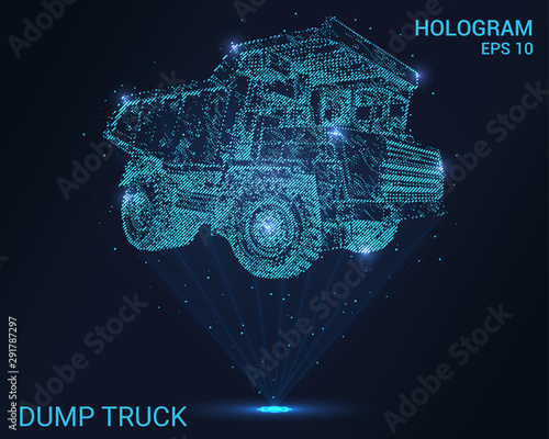 Hologram dump truck. A holographic projection of a dump truck. Flickering energy flux of particles. Research design transport.