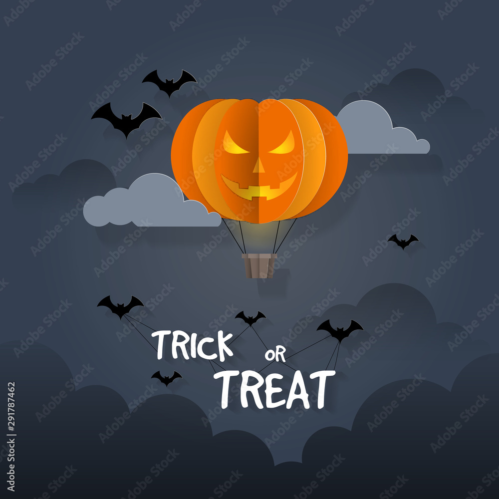 Halloween greeting card in paper cut style. Pumpkin balloon with the word trick or treat.