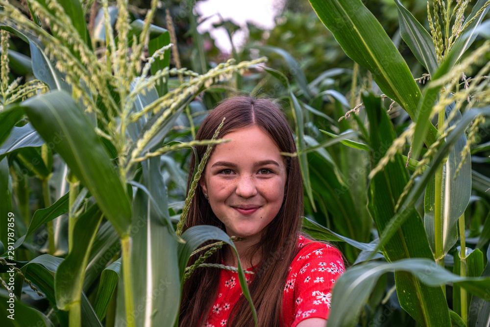 Close up portrait of cute smiling teen girl with red hair and freckles among the corn field Close up portrait of cute smiling teen girl with red hair and freckles among the corn field
