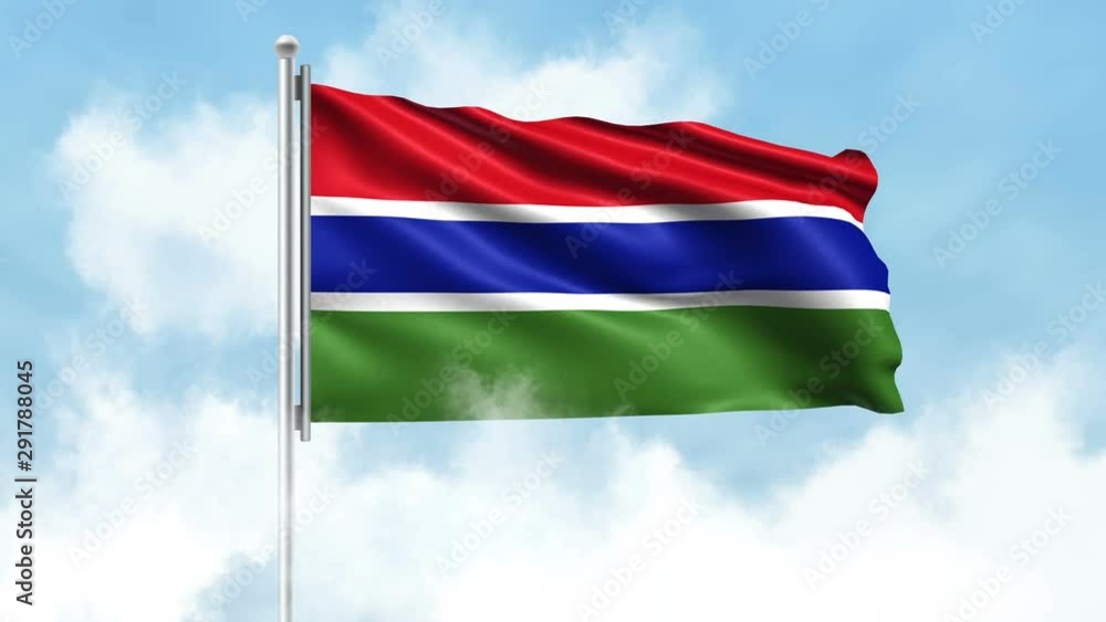 Gambia Flag Waving with Clouds Sky Background - Seamless Loop 4K