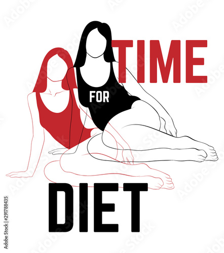 Time for diet. Vector hand drawn illustration of girls  in swimsuits isolated. Creative artwork. Template for card, poster. banner, print for t-shirt, pin, badge, patch.