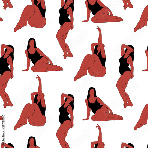 Vector pattern with  hand drawn illustration of fat women in swimsuits.  Creative tattoo artwork. Template for card, poster. banner, print for t-shirt, pin, badge, patch.