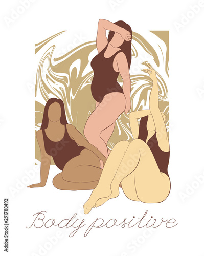 Body positive. Vector hand drawn illustration of fat women in swimsuit isolated. Creative tattoo artwork. Template for card, poster. banner, print for t-shirt, pin, badge, patch.