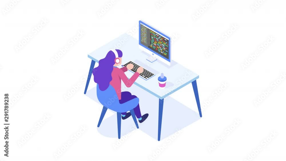 Programming concept, web engineer at work. Woman working on desktop computer. Programming concept, web engineer at work. Woman working on desktop computer.