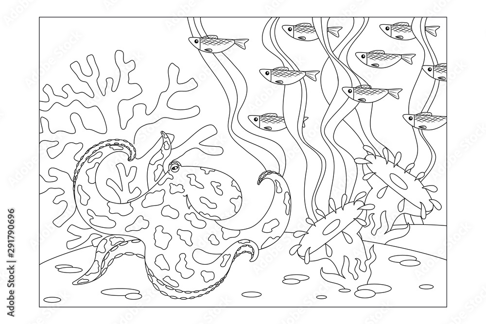 Seabed with inhabitants: octopus, coral, algae, sea anemones, shoals of fish. Children's picture coloring. Vector