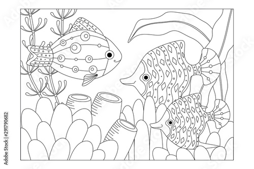 Decorative aquarium fish. Children's picture coloring. Vector