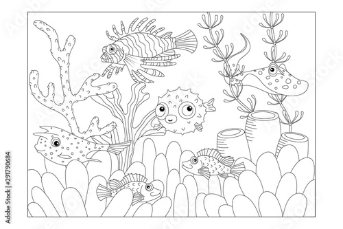 Poisonous fish  boxfish  lionfish  Stingray  Blowfish  sea bass. Children s picture coloring. Vector