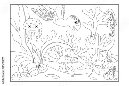 Coral reef with inhabitants: turtle, seahorse, jellyfish, crab, shell, slug. Children's picture coloring. Vector.