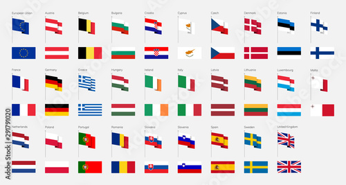 The European Union. Set of flags. Flagpole.