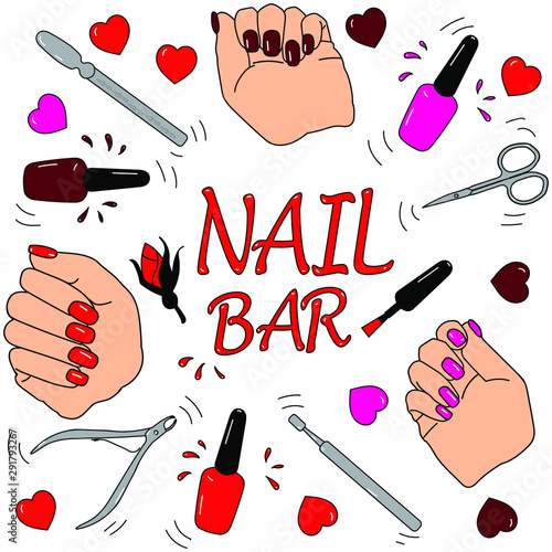 Hand-drawn colored vector illustration of  nail service concept with lettering. Included images female hands with perfect manicure, some manicure tool, bottle of nail-polish and artistic doodle elemen