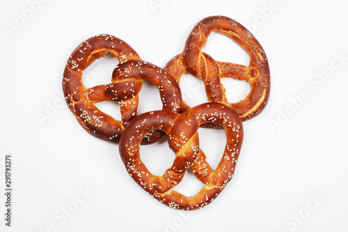 The hand-made pretzel for Octoberfest party on white background
