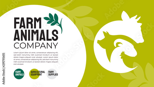 Vector illustrations of cow, pig, goat, chicken. Logo with farm animals. Brand identity design for agriculture, farming, livestock company. Template for banner, annual report, print, layout, flyer,web