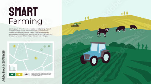 Smart farming illustration with tractor, cows, pasture, combine harvester, fields. Data collection and analysis from animals, agricultural machinery. Template for banner, annual report, prints, layout