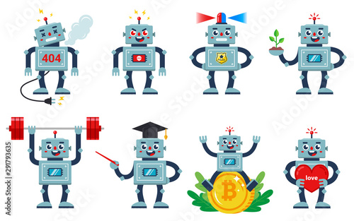 set with works on a white background. different professions and characters of living machines. Angry, kind, loving, working. flat character vector illustration