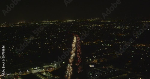 Helicopter aerial over freeway in Los Angeles, night photo