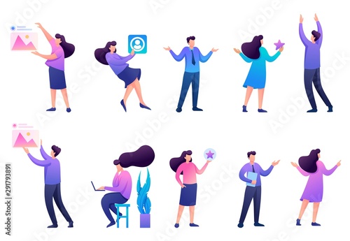 Set of 2D characters to create illustrations  teenagers  young entrepreneurs  designers  creative people. Concept for web design