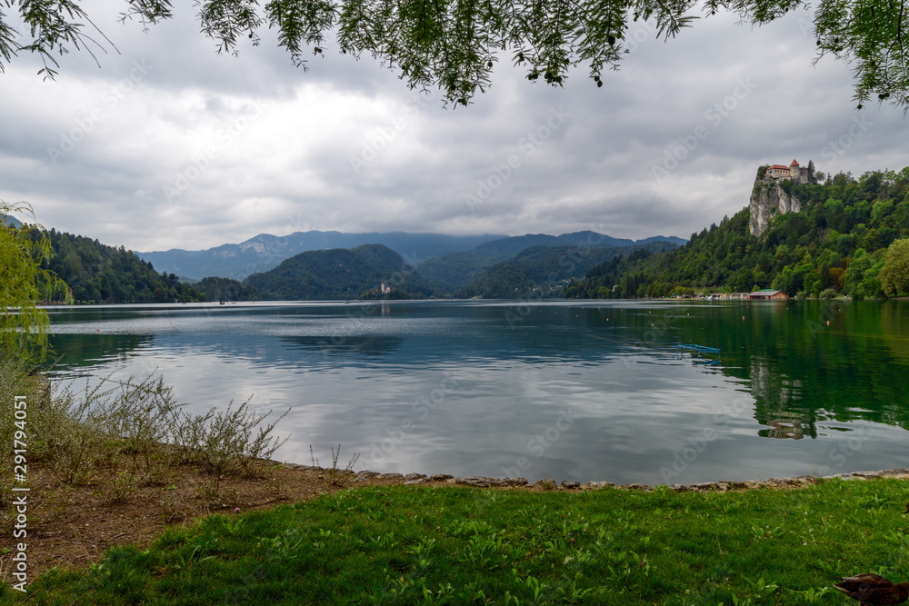 Landscape of lake Bled on a cloudy day.