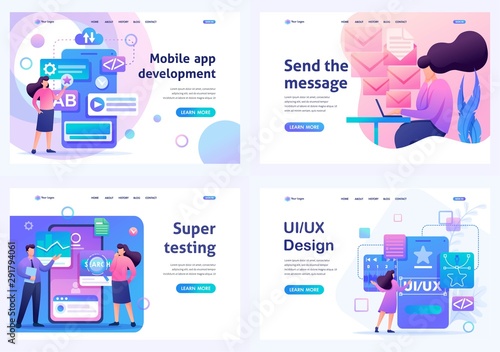 Set Flat 2D concepts Mobile app, UI UX Design, Super testing, Send message. For Landing page concepts and web design