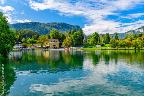 The colorful landscape of Lake Bled with bright reflection.