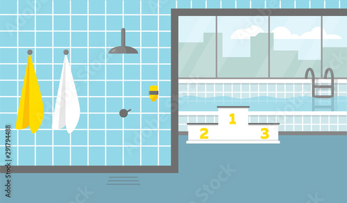 Swimming pool with big window and shower room. Vector illustration.