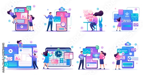 Large set of concepts of work of young people on smartphones, tablets. For Landing page concepts and web design
