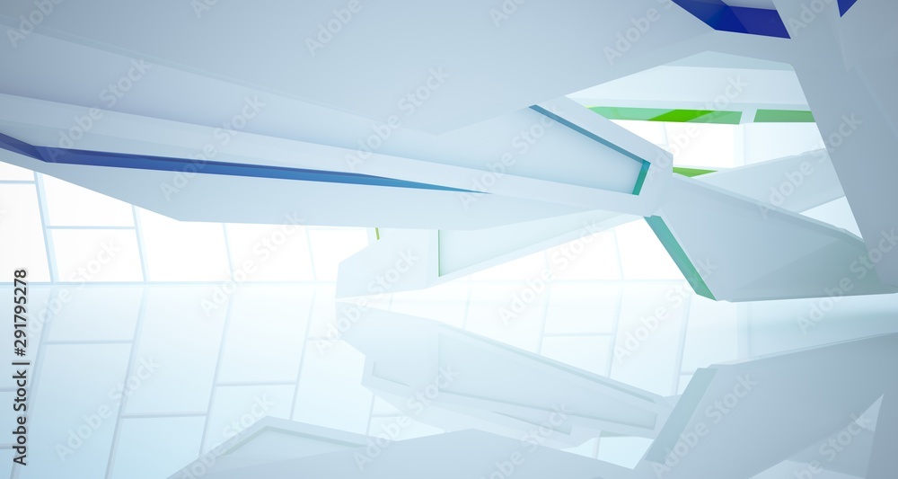 Fototapeta premium Abstract architectural glass gradient color interior of a minimalist house with large windows. 3D illustration and rendering.