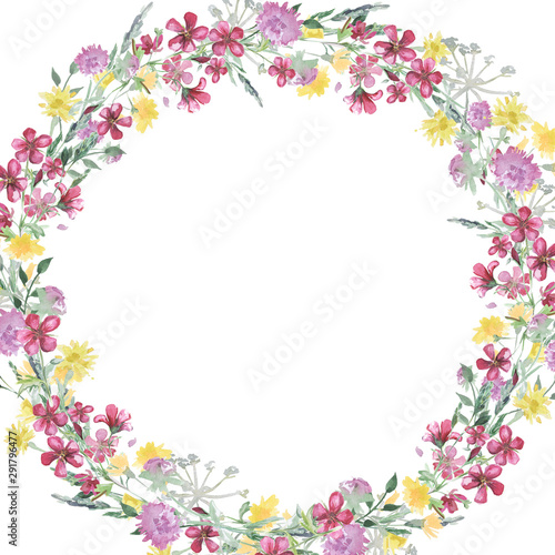 Watercolor round frame with wildflower. Illustration isolated on white background. © Maria