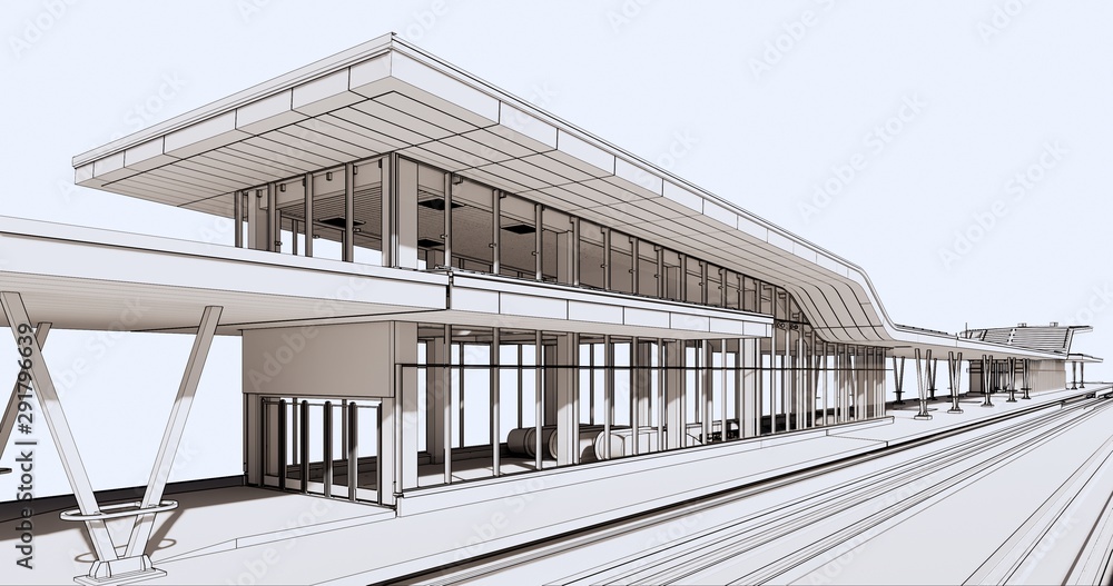 Conceptual visualization of a passenger railway platform in a modern design Conceptual visualization of a passenger railway platform in a modern design