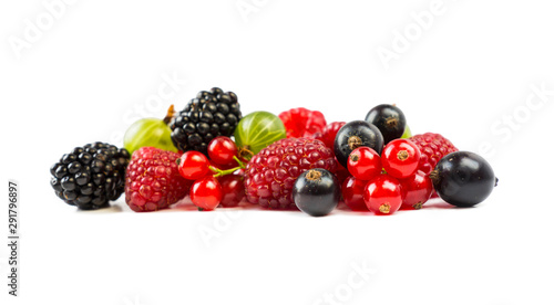Ripe raspberries  gooseberries  blackberries  red and blackcurrants isolated on white background. Background of mix fruits with copy space for text. Mix berries on white background.