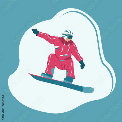 Snowboarder in a helmet and glasses - icon on a light background - vector. Winter sports. Rest at nature.