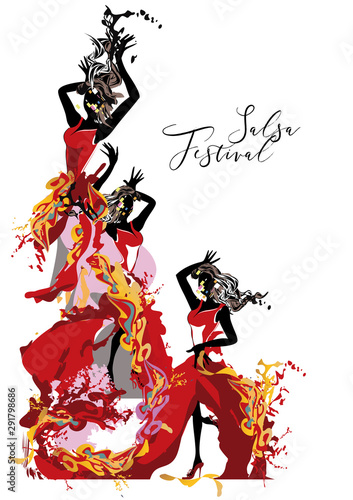 Abstract musical background with a women in passionate Latin American dances decorated with splashes. Hand drawn poster background.