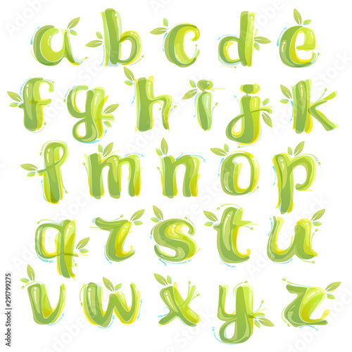 Eco alphabet formed by watercolor splashes.