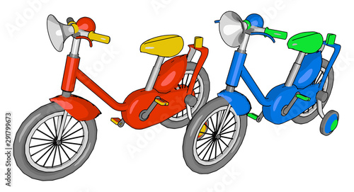 Red and blue small bike, illustration, vector on white background.