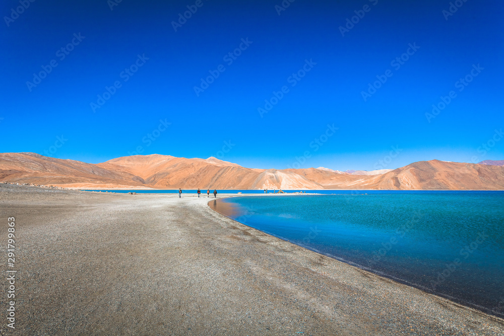 Pangong Tso Lake with Rocky Mountains in Background