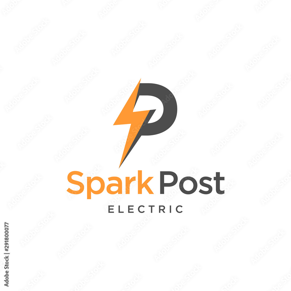 Illustration of P mark combined with bolt mark for companies in the electricity logo - obrazy, fototapety, plakaty 
