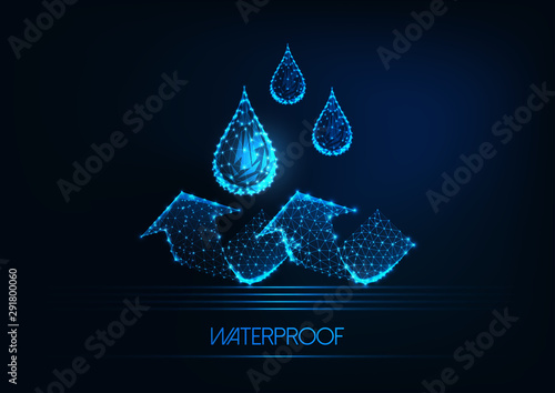 Futuristic waterproofing concept. Glowing low poly water drops and arrows on dark blue background.