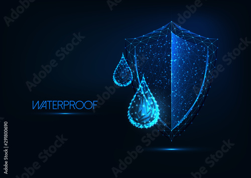 Futuristic waterproofing concept. Glowing low poly water drops and shield on dark blue background.