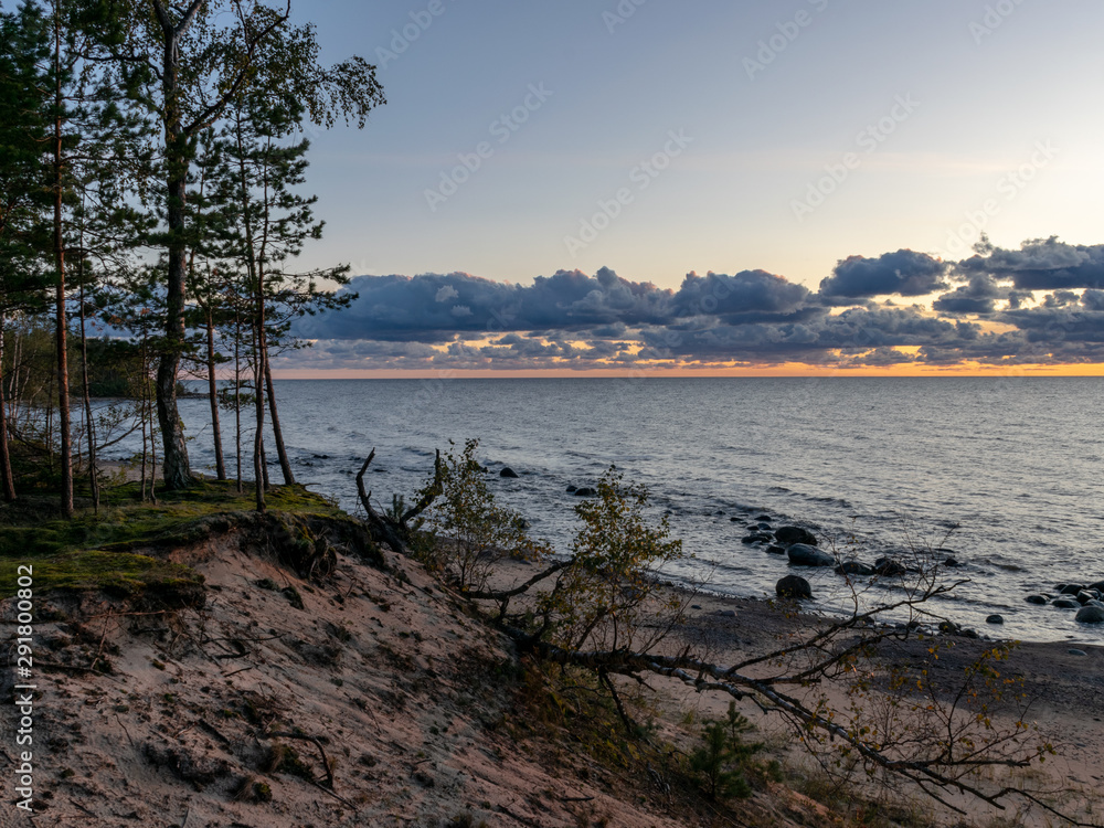 sunset landscape, sea view, dark clouds, colorful sky sunset landscape, sea view, dark clouds, colorful sky