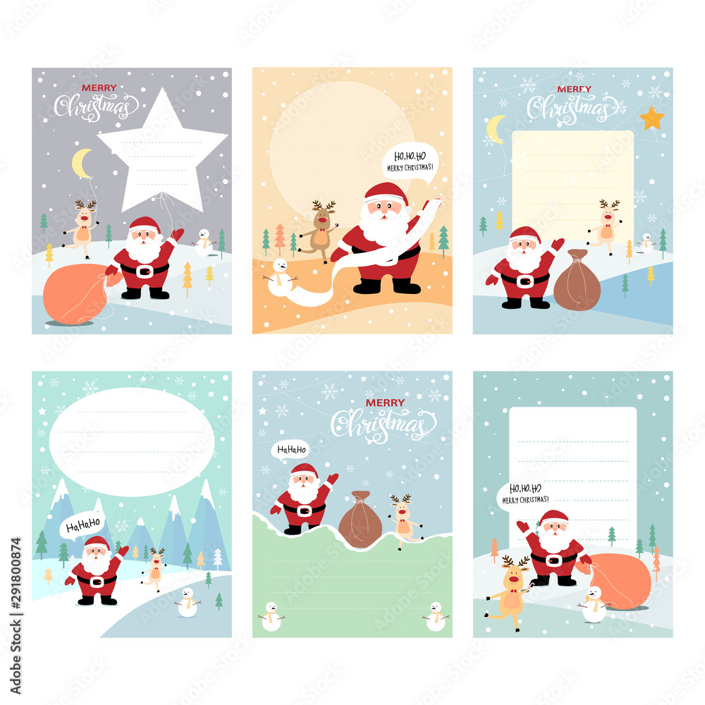Set of Christmas and New Year greeting cards for children. Cute cartoon Santa Claus and friends, Vector illustration Set of Christmas and New Year greeting cards for children. Cute cartoon Santa Claus and friends, Vector illustration