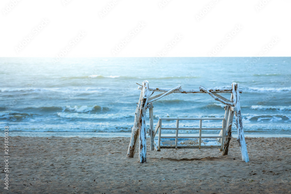 Empty White Old Wooden Bench on Seashore during Sunrise Morning Empty White Old Wooden Bench on Seashore during Sunrise Morning