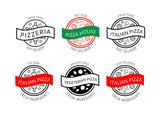 Set of logos for pizzeria, cafe, restaurant, delivery, bakery. Black, white, red and green outline emblems with food icons and ribbons. Pizza company branding collection of vector badges