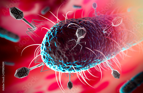 Fotografie Bacteriophages infecting bacterium - 3D illustration