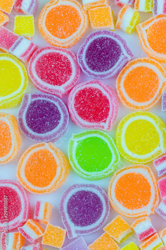 Colorful jelly candies. Juicy colorful jelly sweets. Gummy candies. Multi-color marmalade jelly candy Dessert marmalade. Colorful rainbow colored sugar candies candy
