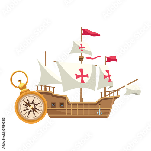 antique caravel ship with compass navigation